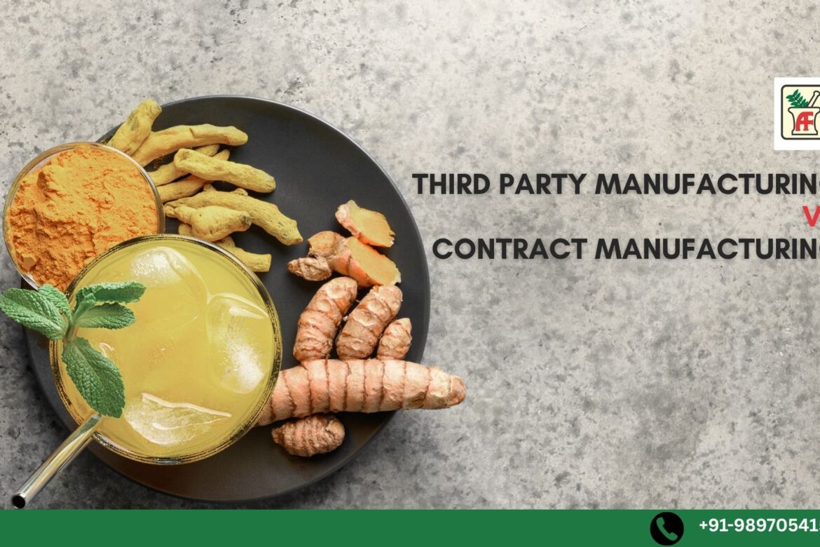 Banner image showing turmeric powder, fresh turmeric roots, ginger, and a herbal drink beside the text .Third Party Manufacturing vs Contract Manufacturing.