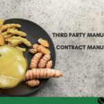 Banner image showing turmeric powder, fresh turmeric roots, ginger, and a herbal drink beside the text .Third Party Manufacturing vs Contract Manufacturing.
