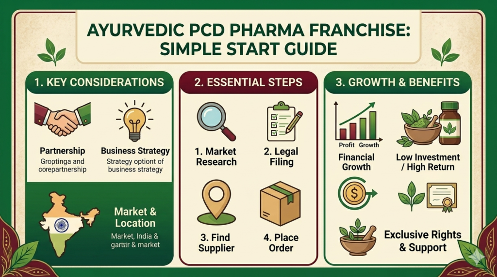 Ayurvedic franchise India guide showing PCD pharma steps, benefits, and business growth process
