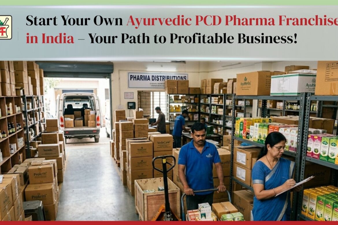 Ayurvedic PCD pharma franchise warehouse in India with staff managing herbal products distribution