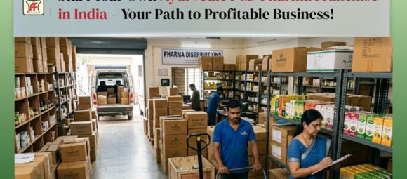 Ayurvedic PCD pharma franchise warehouse in India with staff managing herbal products distribution